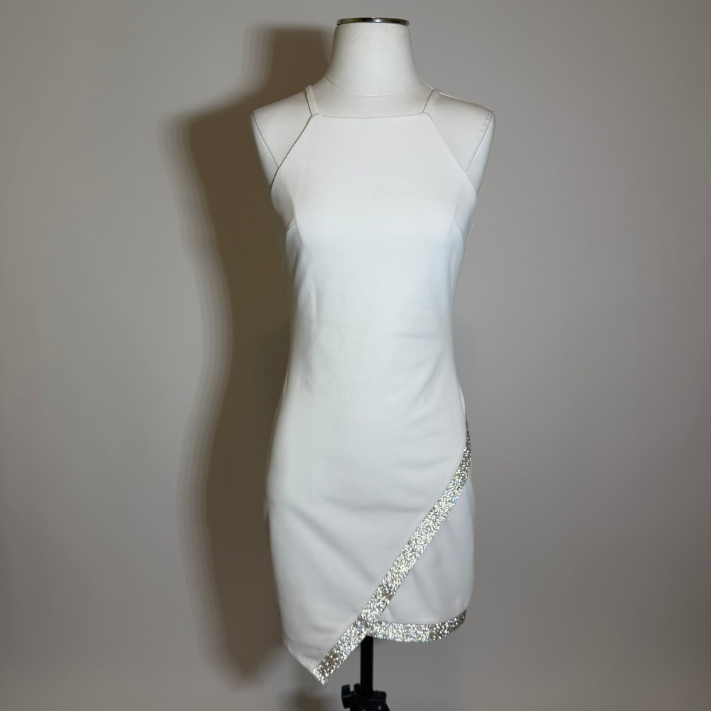 BCX White Asymmetrical Rhinestone Hem Halter Mini Dress Juniors Size Small Party